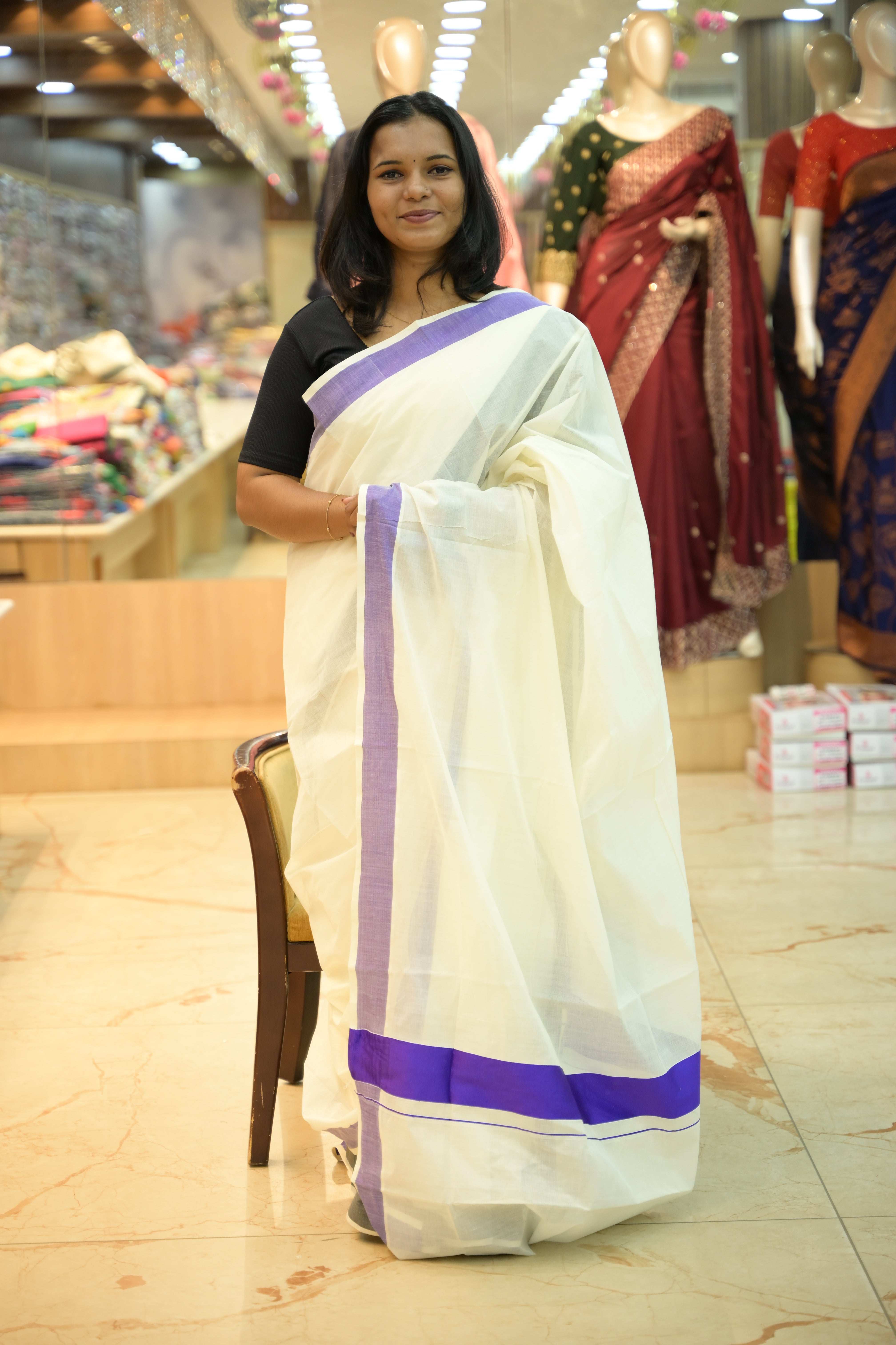 Traditional Kerala Cotton Saree with 3-Inch Plain Color Border