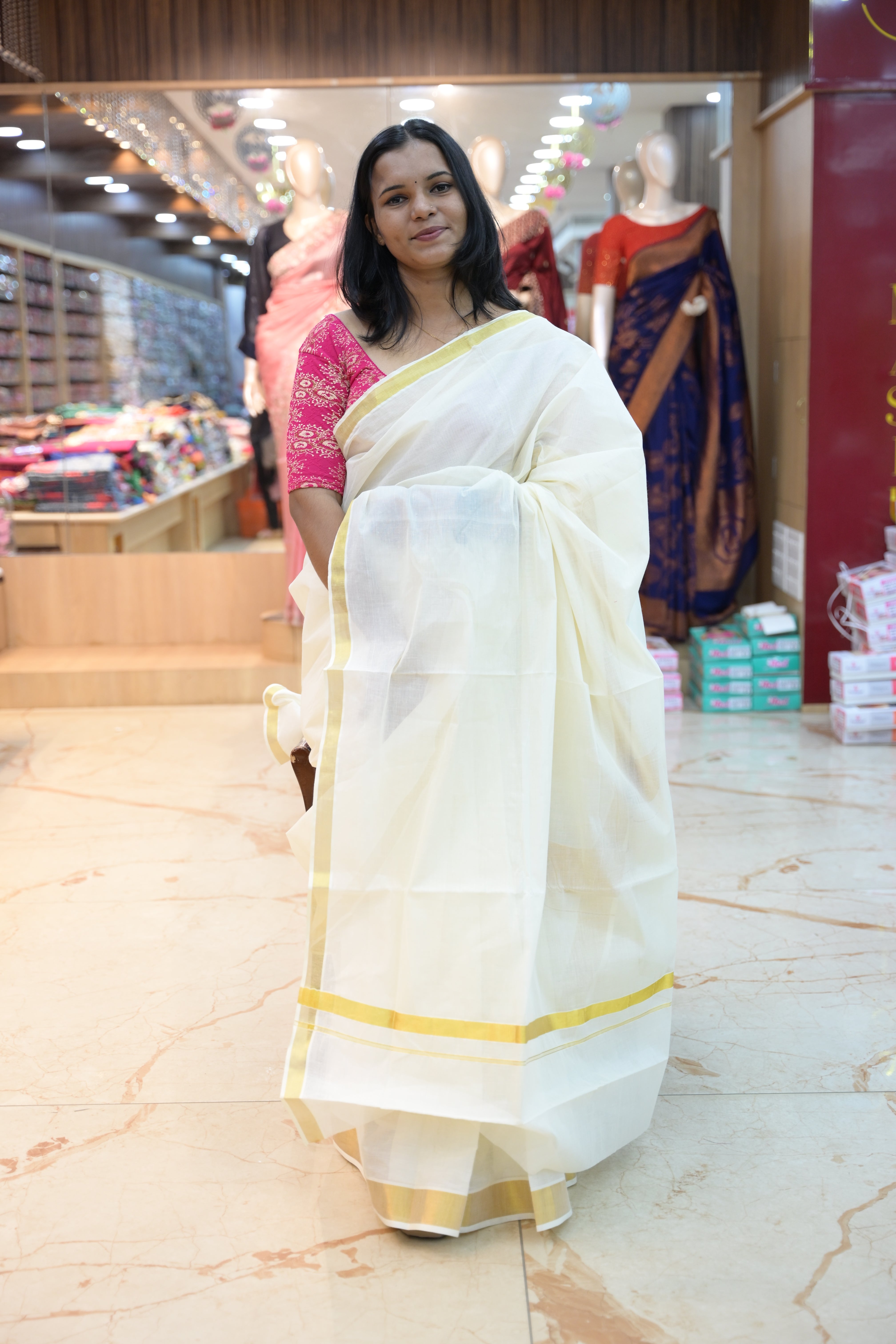 Traditional Kerala Cotton Set Saree (1-Inch Kasavu Border)