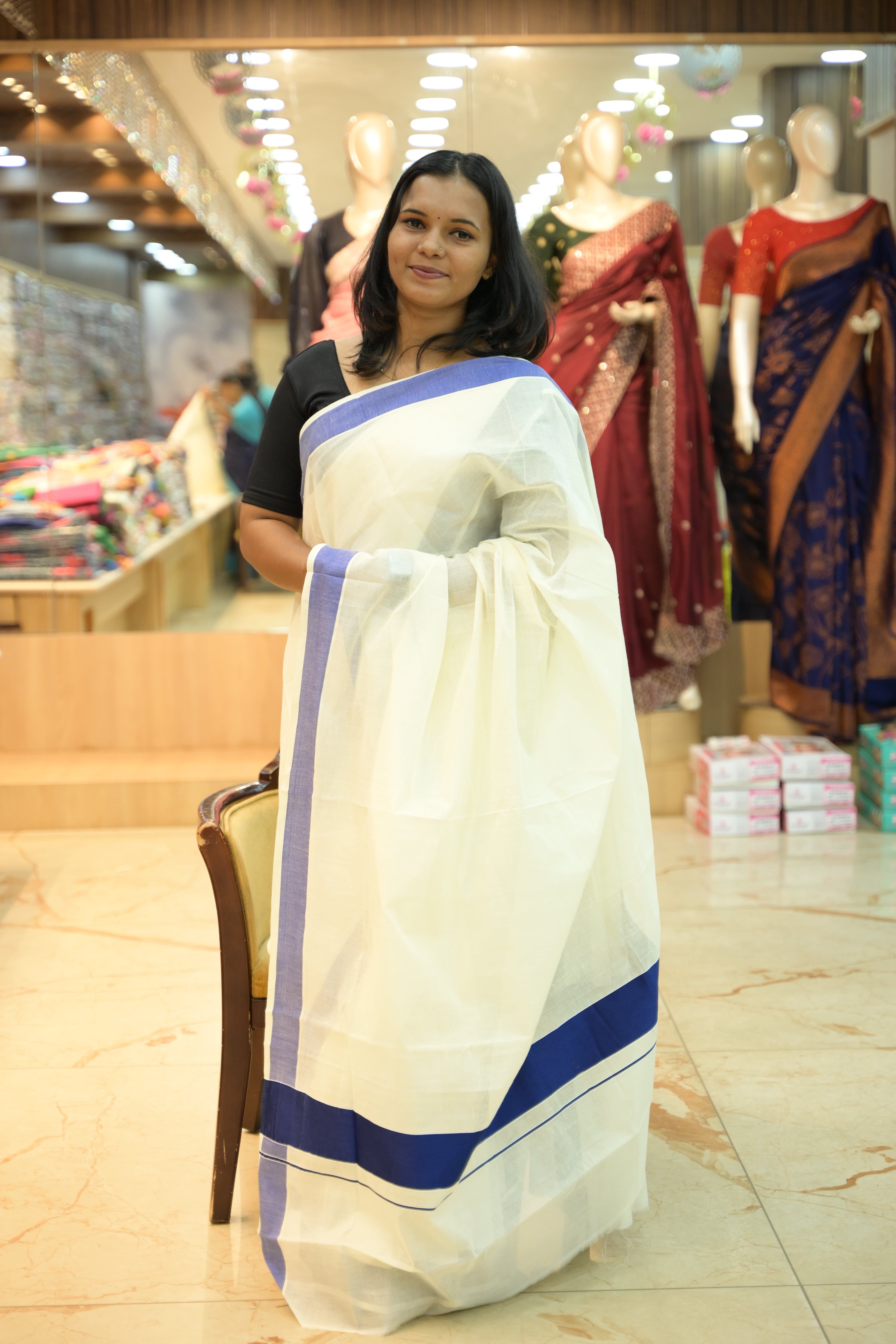 Traditional Kerala Cotton Saree with 3-Inch Plain Color Border